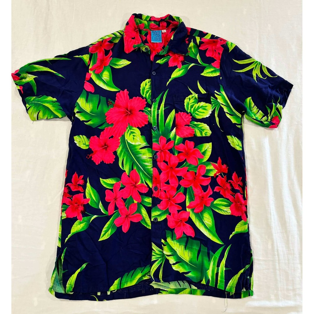 Cabali Mens Large Floral Hibiscus Tropical Button Down Shirt Navy Pink Green‎